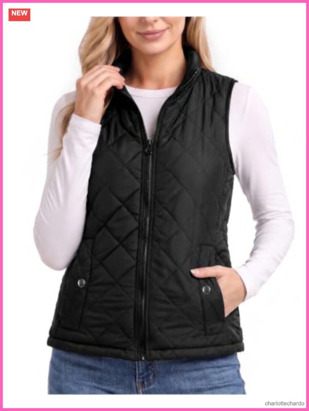 Women's Quilted Puffer Vest Lightweight Sleeveless Stand Collar Zip Pockets